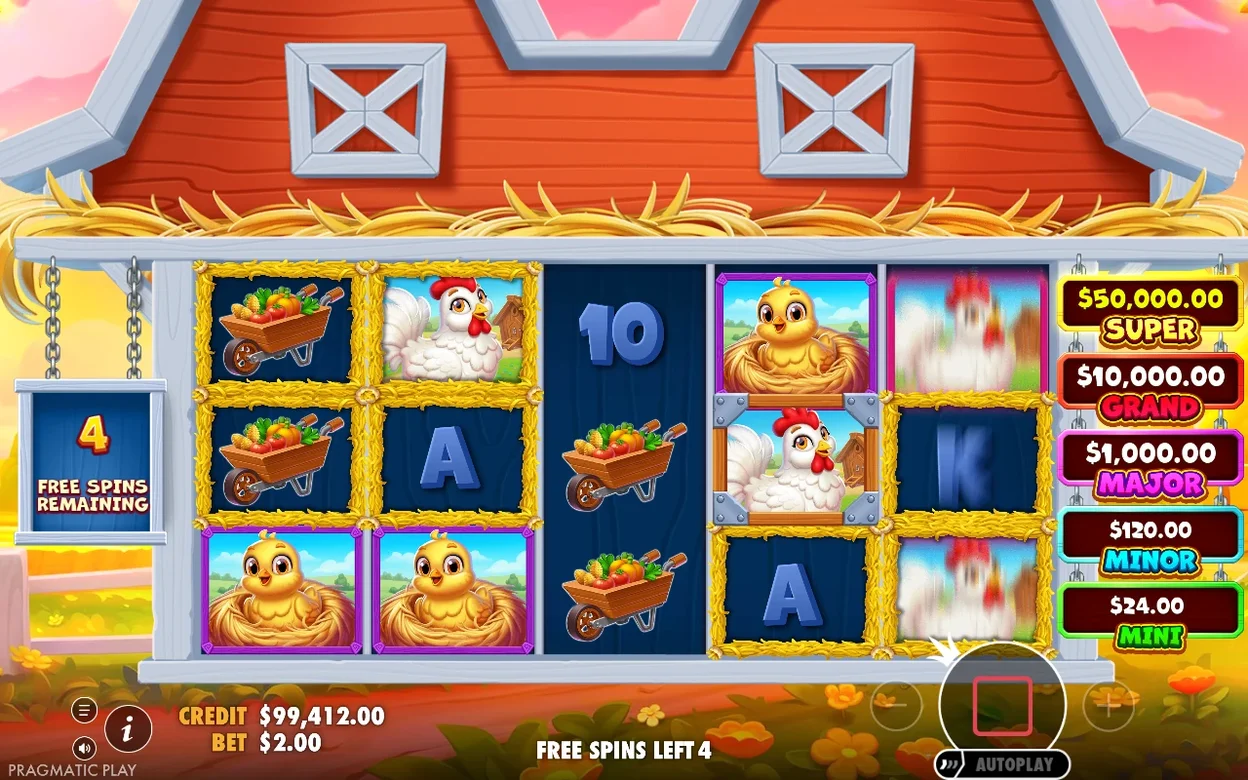 Free spins con sfondo del fienile, 4 spin rimanenti, bobine parzialmente sfocate in movimento, credito $99.412,00.
