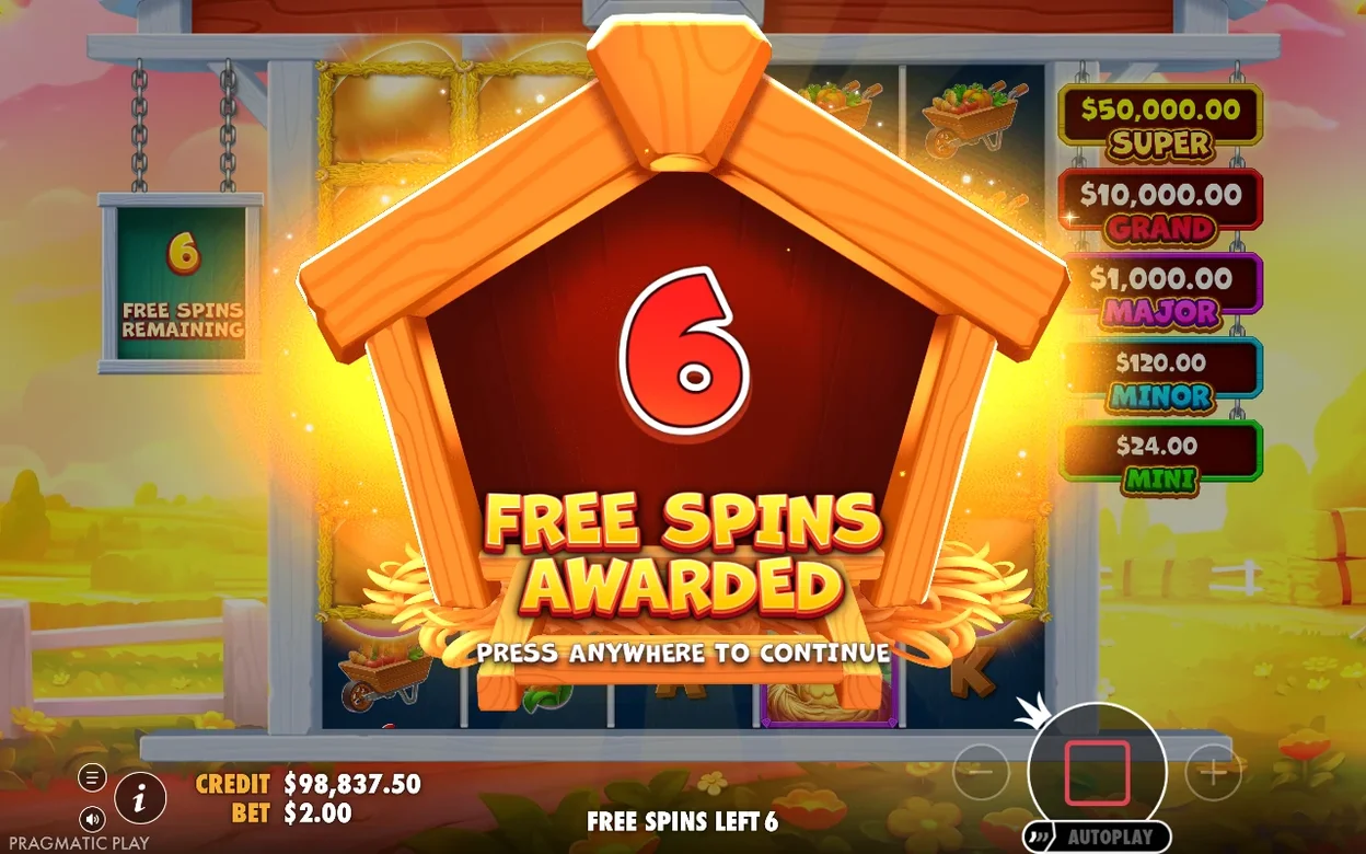 Casetta di legno mostra il numero 6, free spin assegnati, pannello jackpot a destra, credito $98.837,50.