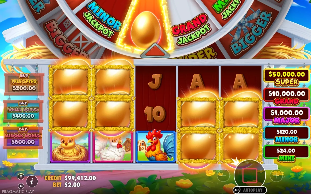 Ruota bonus con settori Minor e Grand Jackpot e Bigger; bobine mostrano uova dorate, J, 10, A, A.