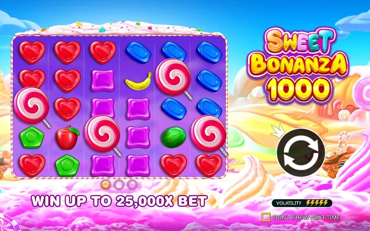 Griglia iniziale con caramelle e frutta, logo Sweet Bonanza 1000, vincita fino a 25.000x la puntata.