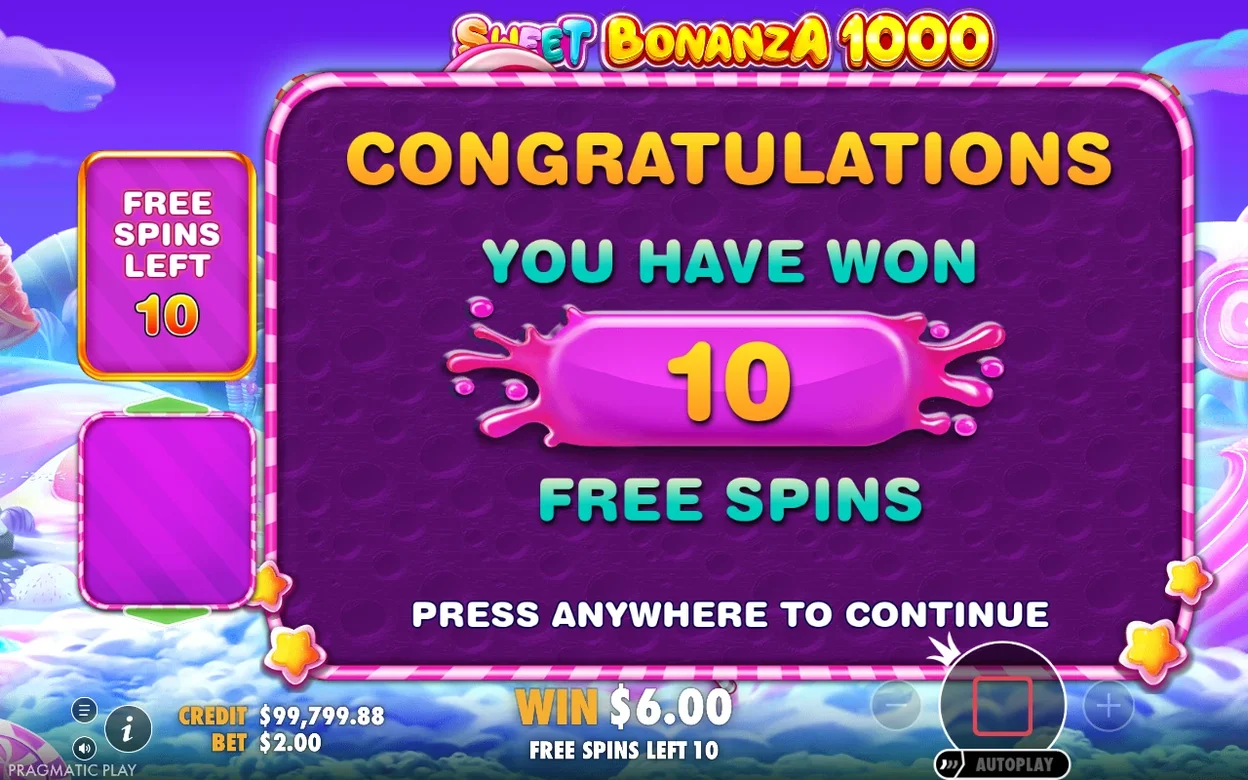Schermata di congratulazioni: 10 giri gratuiti vinti, vincita $6.00, puntata $2.00.