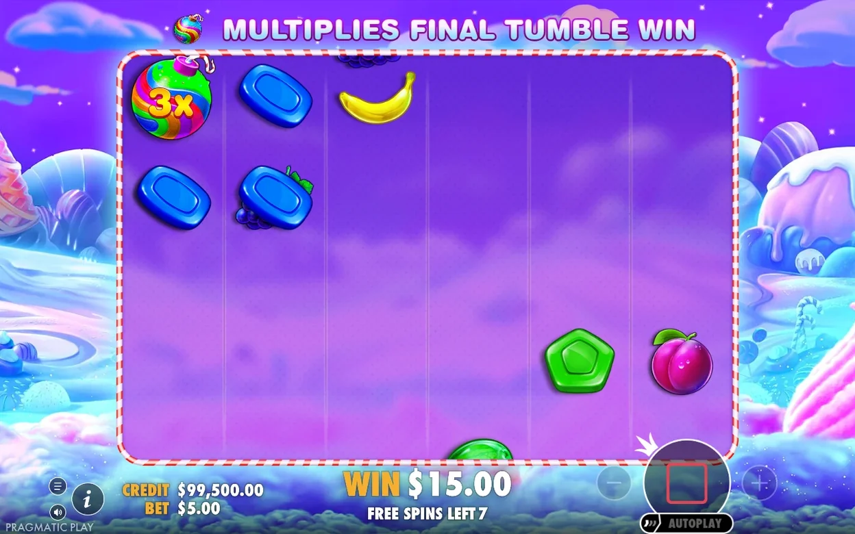 Free spin con bomba moltiplicatrice 3x sulla griglia viola, vincita $15.00, 7 giri rimanenti.
