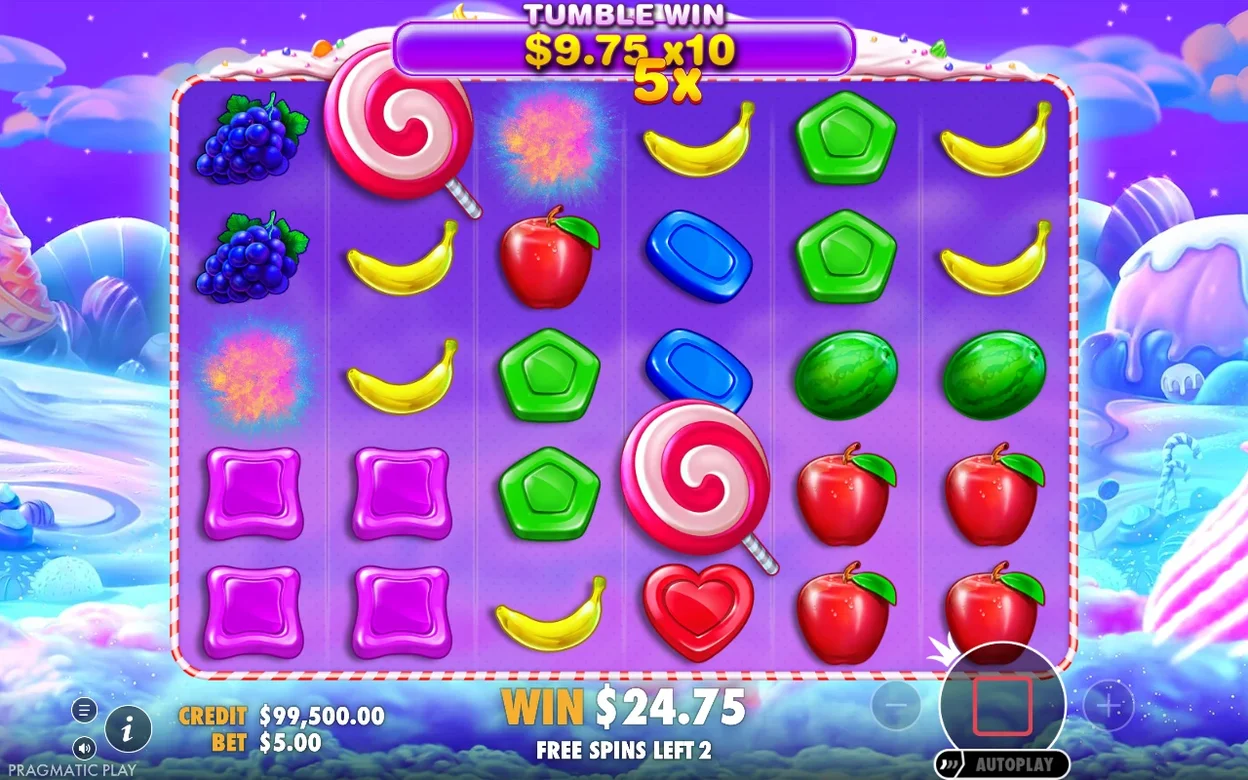 Vincita a valanga durante i free spin: $9.75 moltiplicato x10, moltiplicatore 5x, 2 giri rimasti.