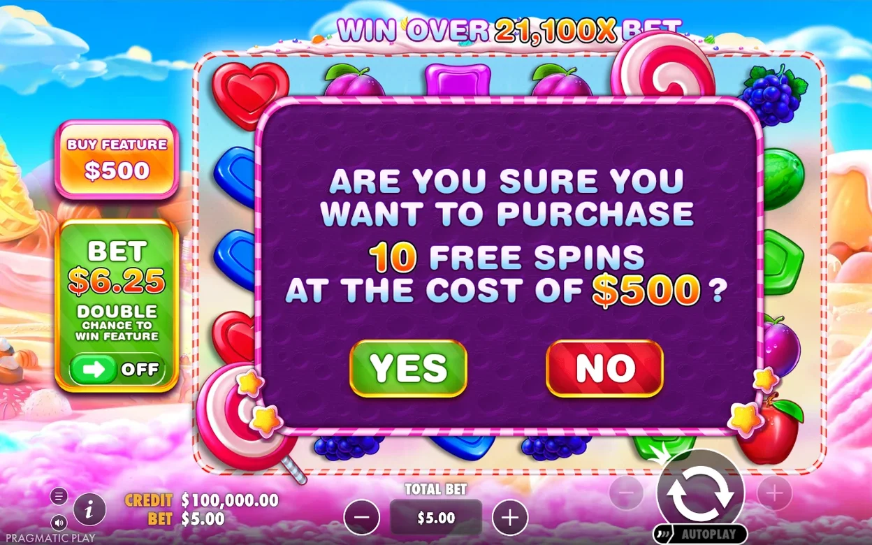 Popup di conferma acquisto: 10 free spin al costo di $500, pulsanti SÌ e NO in evidenza.