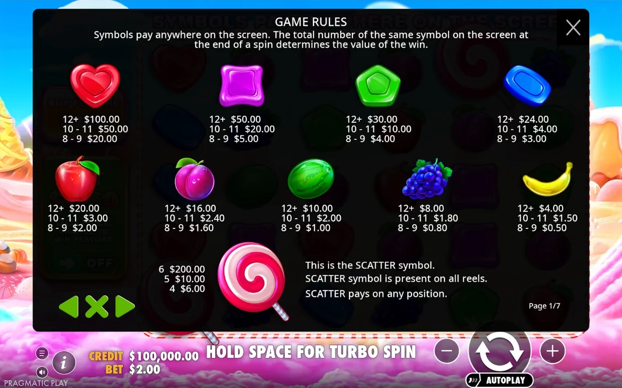 Regole di gioco, pagina 1/7: payout di cuore, caramelle, frutta e dello Scatter a forma di lecca-lecca.