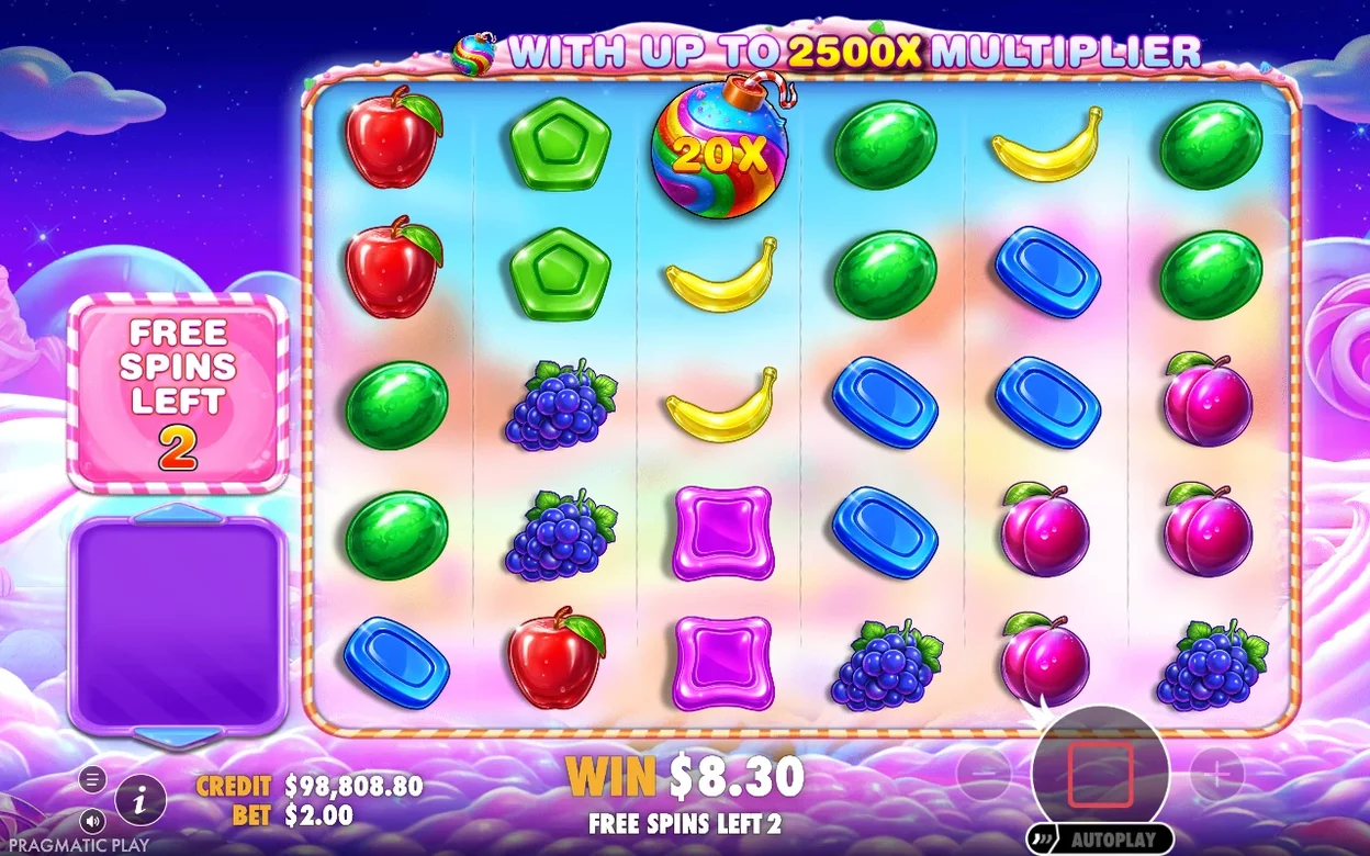 Giri gratuiti con bomba moltiplicatrice 20X sui rulli, vincita $8,30, 2 giri rimasti.