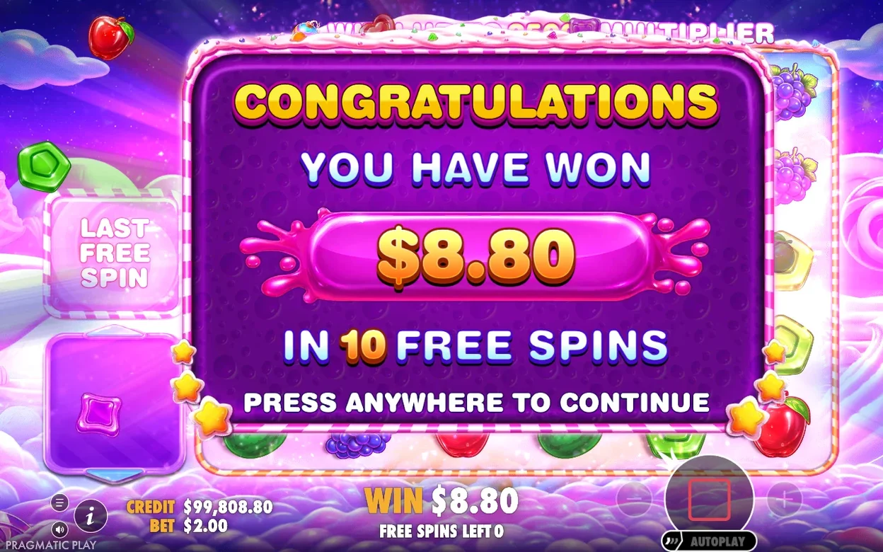 Schermata di vittoria: $8,80 vinti in 10 giri gratuiti, giri rimasti 0.