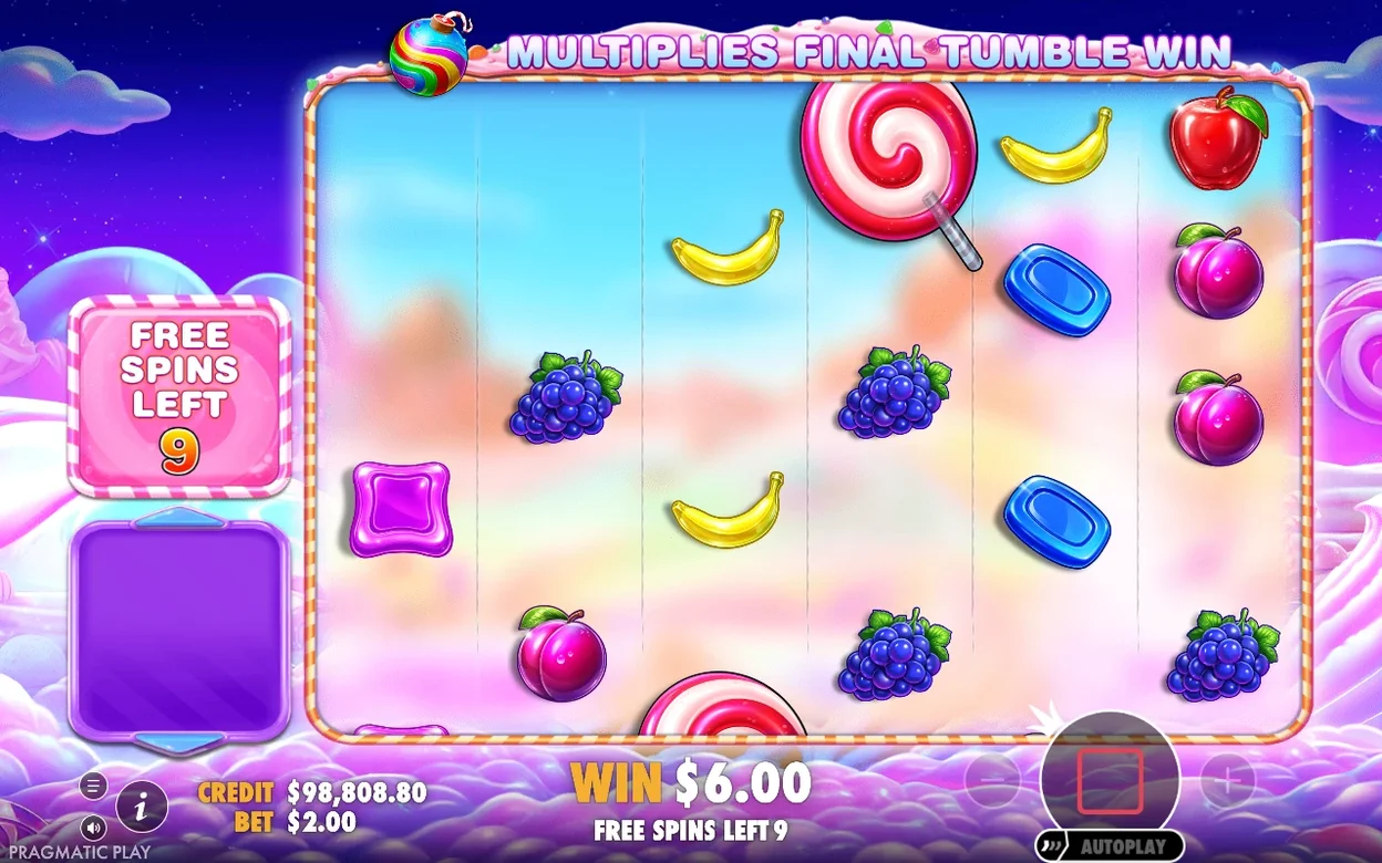 Griglia di giri gratuiti con lecca-lecca, banane e uva; vincita $6,00, 9 giri rimasti.