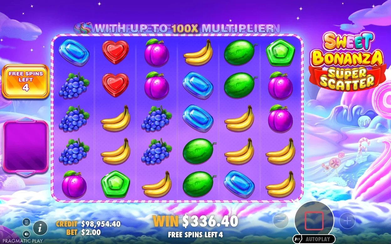 Griglia free spins con banner WITH UP TO 100X MULTIPLIER, vincita $336.40 e 4 giri gratuiti residui.
