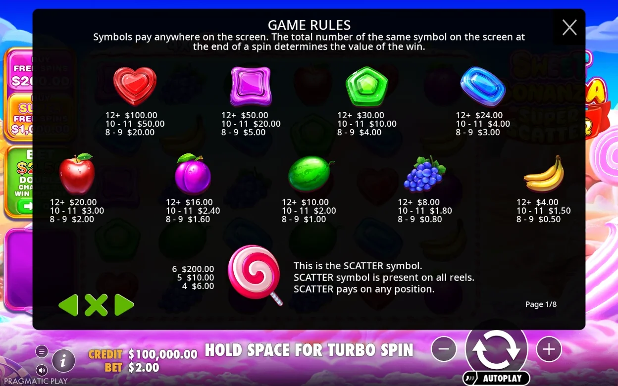 Tabella pagamenti pagina 1/8: cuore, quadrato, pentagono, ovale, frutti e simbolo Scatter con relativi payout.