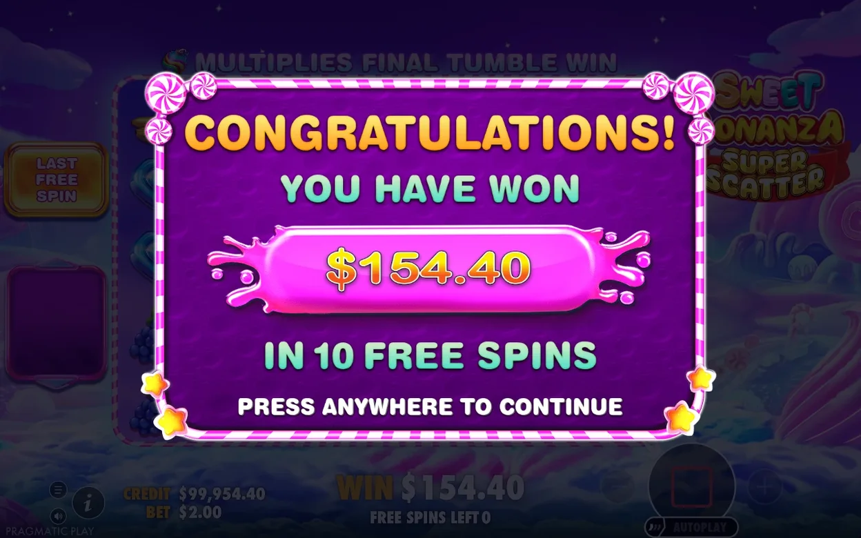 Popup di vittoria: $154.40 vinti in 10 free spins, sfondo viola con bordo a caramella.