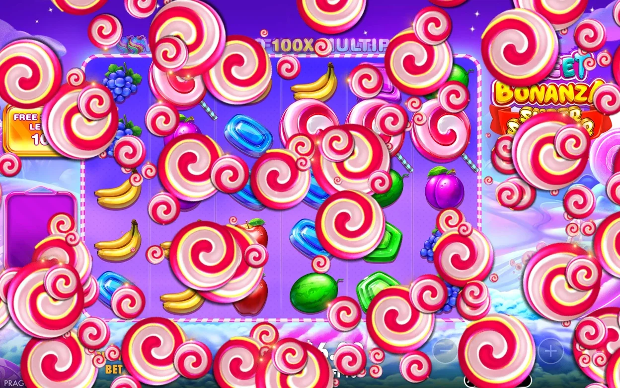 Lecca-lecca a spirale rosa e bianchi invadono i rulli, banner 100X MULTIPLIER visibile in alto.