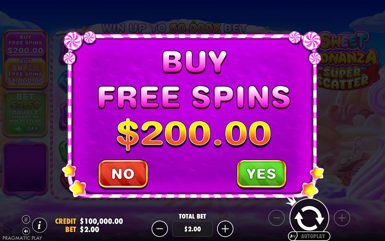 Popup di conferma acquisto Buy Free Spins per $200.00, pulsanti YES e NO in evidenza.