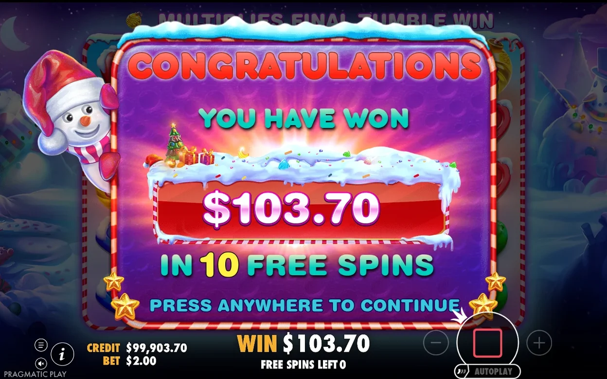 Schermo di vincita: Congratulazioni, hai vinto $103.70 in 10 giri gratuiti, pupazzo di neve a lato.