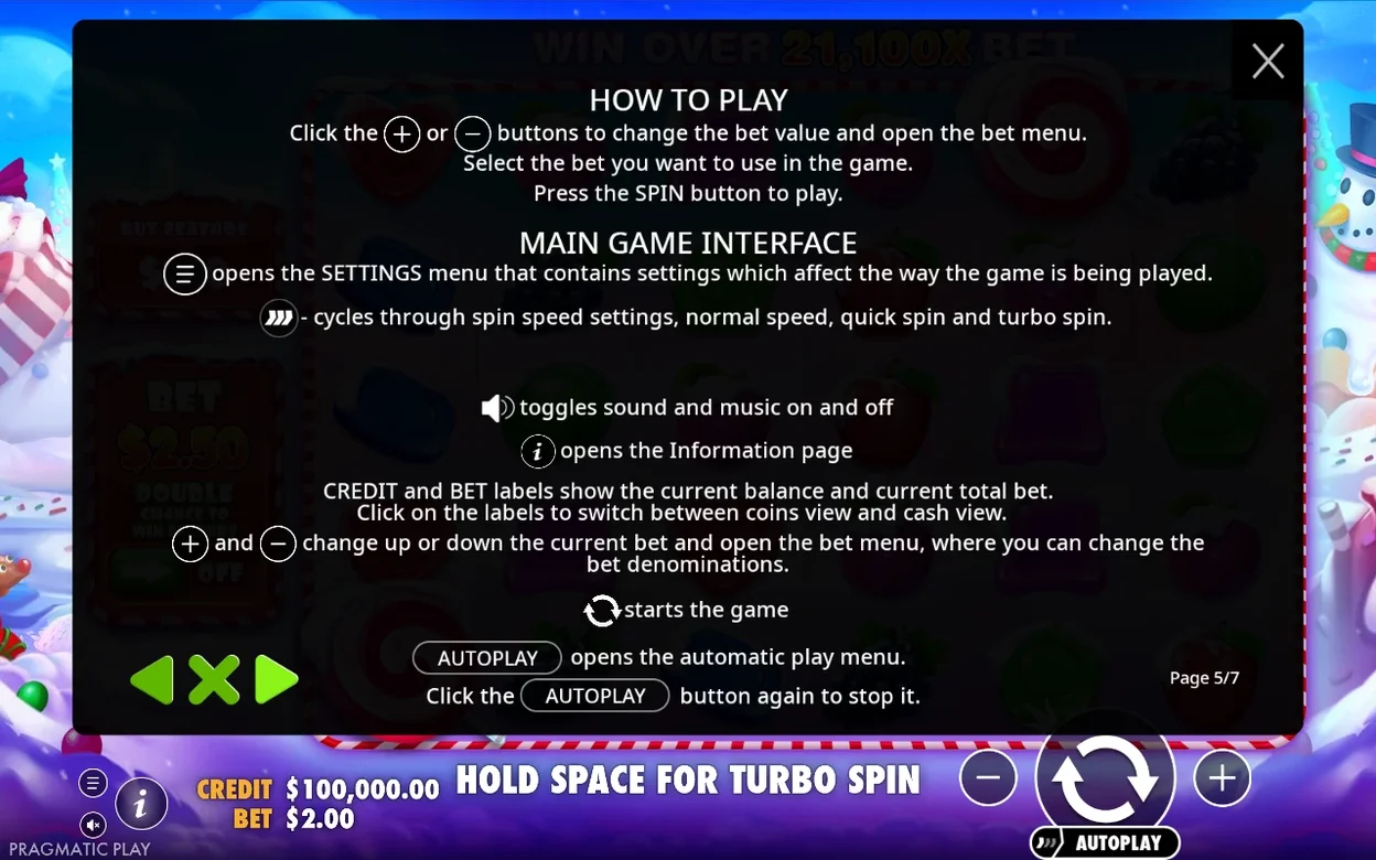 Pagina 5 di 7: istruzioni su come giocare, pulsanti puntata, spin, impostazioni e autoplay.